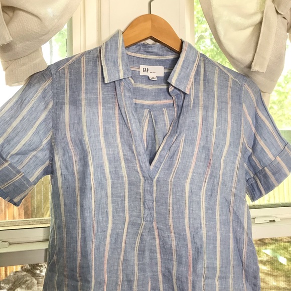 Gap 100% Linen Boyfriend Stripe Popover Blue Tunic Half Button - Picture 3 of 8